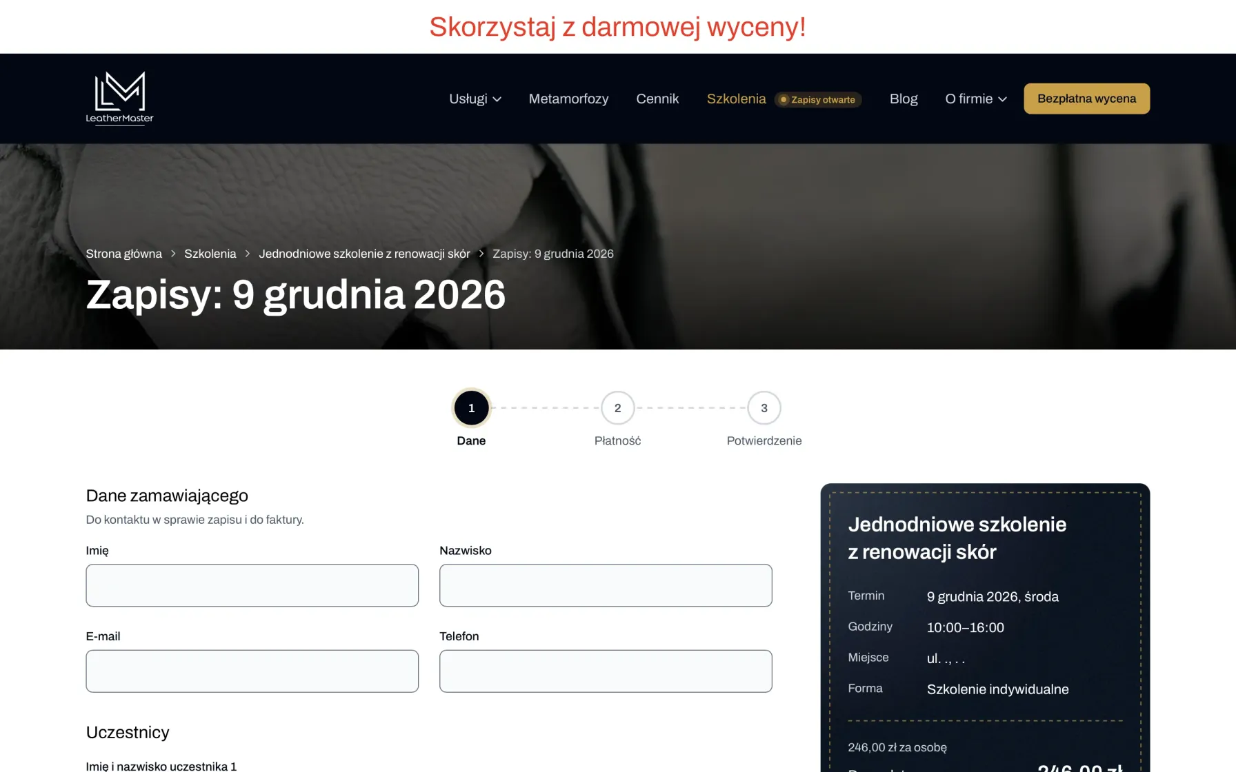 Formularz zapisu na szkolenie w trzech krokach, z podsumowaniem terminu i ceny obok