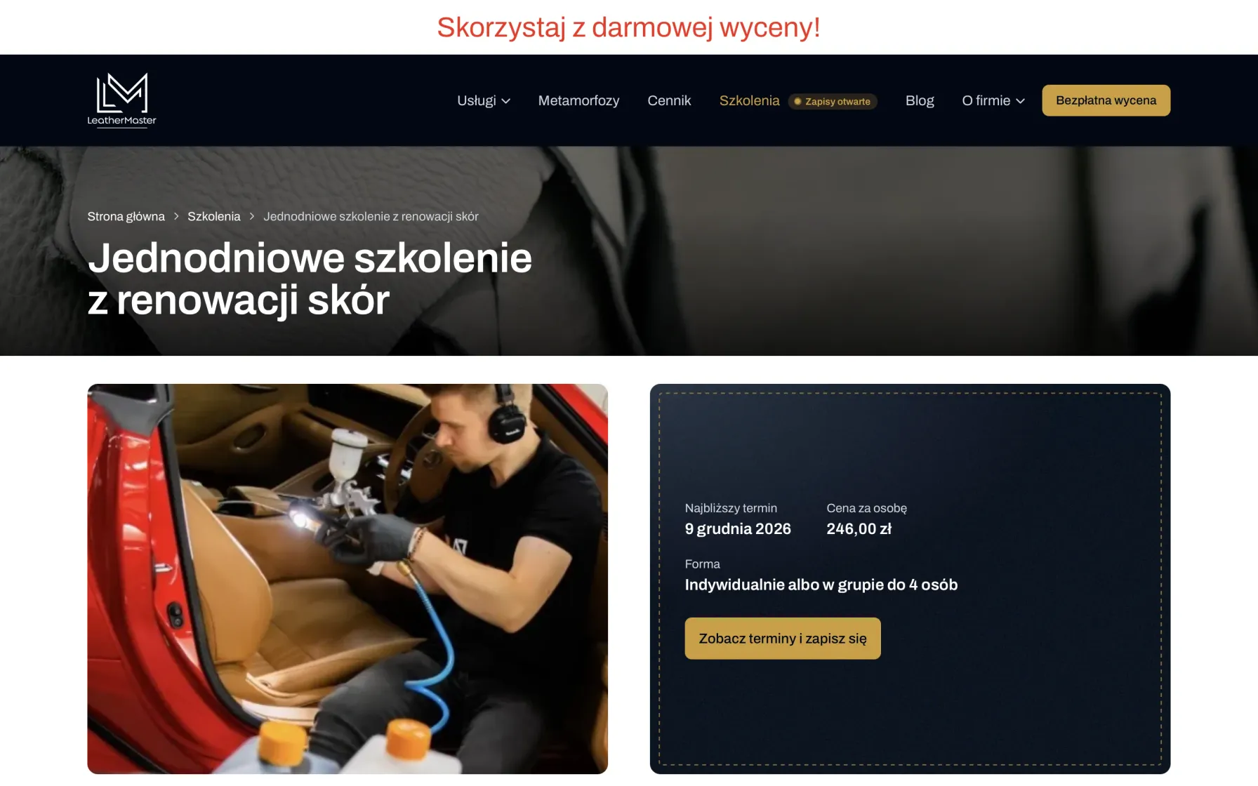 Strona szkolenia LeatherMaster: zdjęcie z zajęć, najbliższy termin, cena za osobę i przycisk zapisu