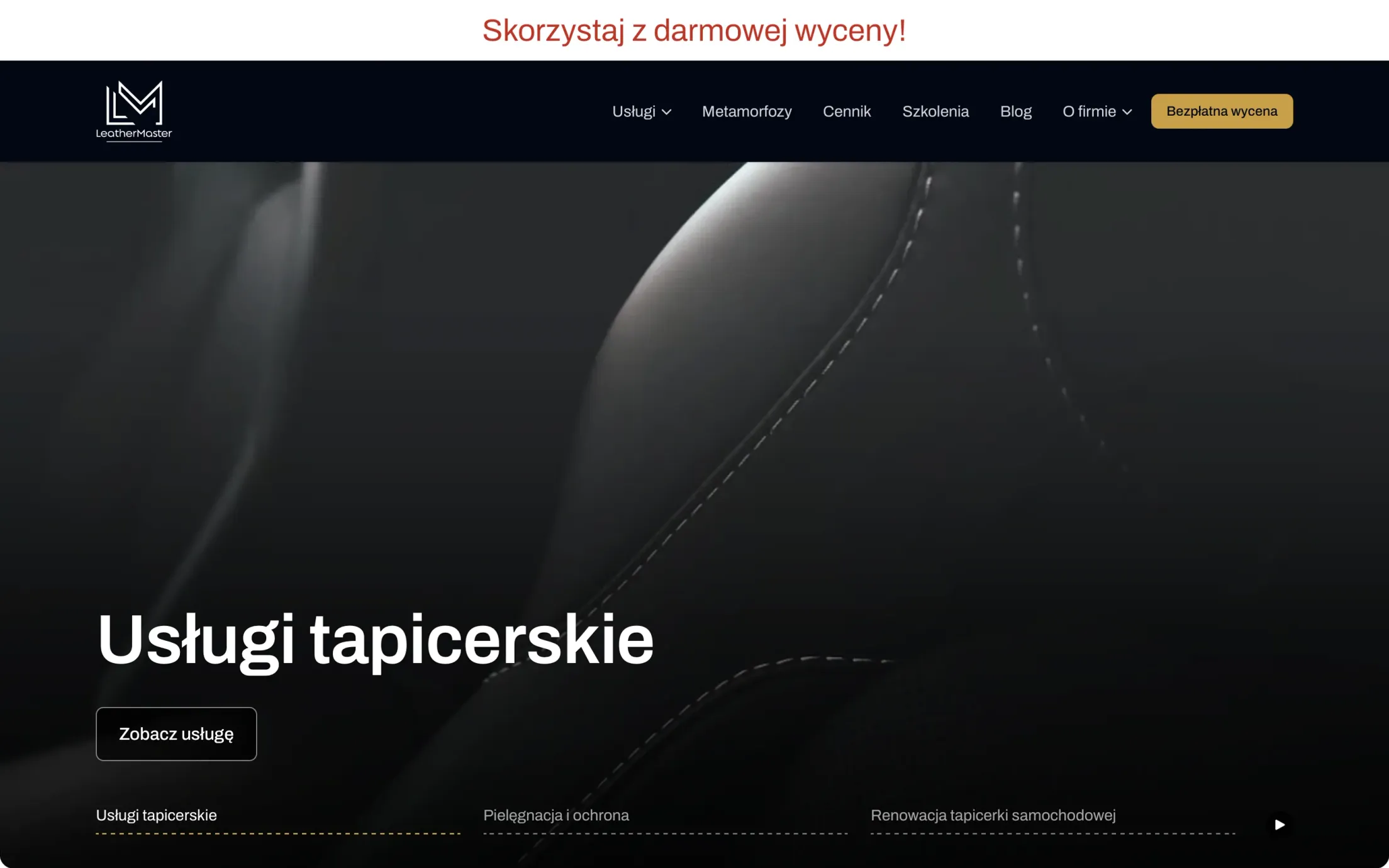 Strona główna LeatherMaster: nagłówek z ofertą renowacji skóry i przyciskiem kontaktu